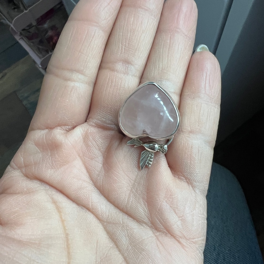 Silver and Pink Heart Ring with Leaf Detail